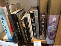 Shelf view showing large hardcover art books with artistic and historical themes