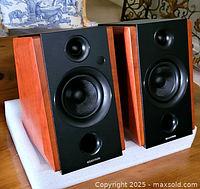Pair of SANYUN bookshelf speakers with wooden sides and black front panels on white foam.