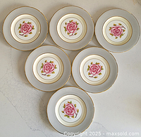 Six Coalport plates arranged, showing the pink rose design with gold rims and light grey border.