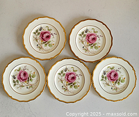 Five Royal Doulton Curnock plates arranged in a semicircle showing the floral design and gold scalloped rims.