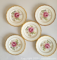 View of all five Royal Doulton plates arranged showing floral design and gold trim.