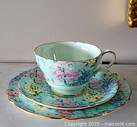 Front view of the Shelley trio tea set showing teacup on saucer and plate behind