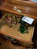 Both the signed Chalet Art glass vase and the heavy art glass dish displayed together on a wooden surface.