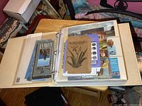 Opened binder showing a variety of vintage postcards and ephemera inside plastic sleeves on a wooden table.