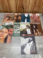 Top view of 10 vintage Man & Woman magazine covers laid out on a flat surface, various cover images of couples and individuals.