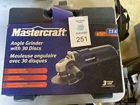 Mastercraft angle grinder kit box showing product name, image of the grinder, 7.5 amp motor rating, 4.5 inch wheel size, and 3-year warranty badge.