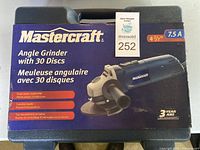 Box front showing brand, model, and main features including 4 1/2 inch, 7.5 amp