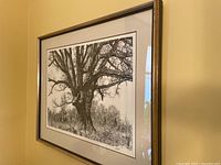 Framed black and white print of a large tree with detailed branches and natural landscape beneath it, viewed from a distance on the wall.