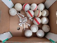 A cardboard box containing 14 golf balls in various conditions and 10 white plastic golf tees arranged inside.
