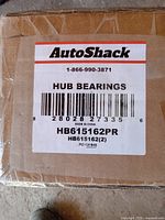 Box of AutoShack hub bearings with barcode and part number label HB615162PR.