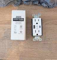 Photo of a new Premier duplex receptacle outlet model PEDR001TR-USBC showing the outlet alongside its packaging box. The outlet has white finish, two electrical sockets, and two USB charging ports.