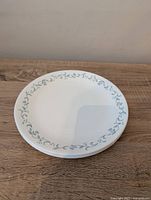 Stack of 2 plates showing blue and green floral vine border pattern around the rim on white background.