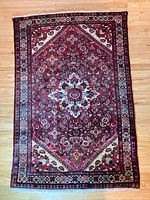 Full view of rectangular rug showing red field with central ivory floral medallion and multicolored accents