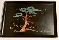Front of Couroc tray showing Monterey Cypress inlay