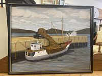 Full view of framed painting showing boat, pier and landscape