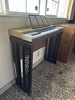 Side front view of the vintage Botempi keyboard organ showing wooden side panels and keyboard with music sheet holder.