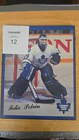 Front image of the wooden plaque showing Felix Potvin as a goaltender in Toronto Maple Leafs gear with photo, name, and team logo.