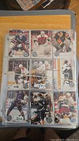 Visible page of hockey cards in a binder sleeve with 9 cards per page showing various NHL goalies and players.