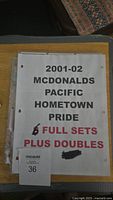 Cover page showing handwritten text '2001-02 McDonalds Pacific Hometown Pride 6 FULL SETS PLUS DOUBLES' printed on white paper held together by binder holes.