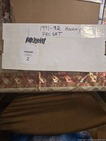 Photo of a white cardboard box labeled 1991-92 Hockey Pro Set in handwriting.