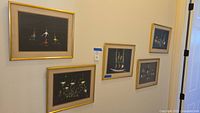 Group image showing all 5 paintings hung together on a wall, highlighting their gold tone frames and dark backgrounds with vivid feather paintings.