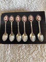 Top view of the six silver-plated teaspoons arranged side by side showing the floral oval insets on the handles.