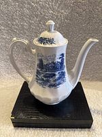 Front side view showing the spout and handle of the Ridgway coffee pot with blue cottage and tree pattern.