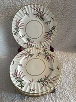 Two stacks of salad plates displayed on a stand showing the Dunrobin floral pattern and scalloped edges with gold trim.