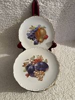Two 7.5 inch white porcelain plates with colorful fruit motifs and gold trim displayed on a red stand against a gray textured background.