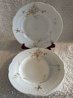Front view of two porcelain soup plates showing embossed designs and hand-painted flowers in soft pastel colors.