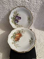 Close-up image of two Tirschenreuth plates showing plum and peach/nectarine fruit designs with gold trim and scalloped edges.