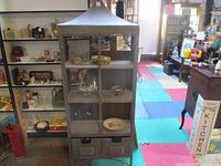 Front view of wire mesh metal cabinet showing two doors and contents inside shelves (not included in lot).