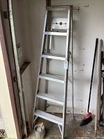 Front view of the aluminum step ladder showing all five steps and wooden top piece.