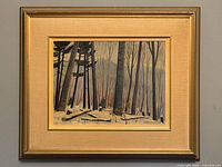 Frontal photo of the framed oil painting showing the winter landscape with trees and snow.