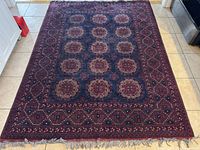 Full flat view of rug showing overall pattern, color and condition