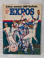 Front cover of 1982 Montreal Expos yearbook showing illustration of players celebrating, titled 'Album-souvenir 1982 Yearbook'
