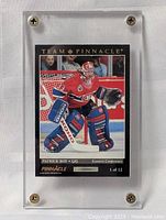 1993 Team Pinnacle Patrick Roy hockey card inside clear protective case with visible scratches on case surface.