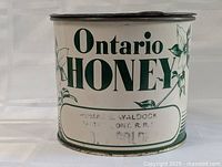 Front view of cream colored metal can with green text 'Ontario HONEY' and floral and bird illustrations. Stamped text on front 'CANADA G. WALDOCK ONT. R.R.'