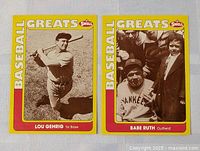 Pair of vintage-style baseball cards of Lou Gehrig and Babe Ruth by Swell on a white cloth background, showing front of both cards.
