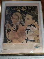 Photo of vintage 1963 Pepsi-Cola advertising poster showing a man and woman with a Pepsi bottle and toy horse.