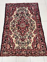 Full view of the beige background Persian Hamadan rug with red and black medallion patterns.