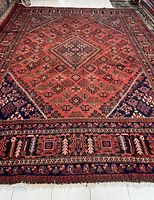 Full view of rectangular rug showing overall design, field color and border