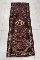Full view of the Hamadan Persian runner rug showing its size, shape, and overall pattern.