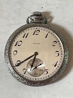Front view of Elgin pocket watch showing dial and case