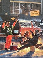 Detail of print showing two fans, fire barrel, truck tailgate, sign