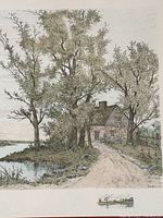 full view of print art showing cabin, trees and lake