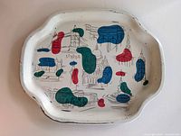 Top view of metal souvenir tray with scalloped edges showing London landmarks and abstract shapes.