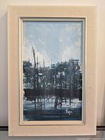 Full view of the mid century painting showing harbour scene with boats and water reflections in a textured beige frame.