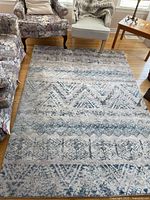 Front view of the plush area rug showing full length with furniture around it.