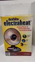 Box showing product branding and features in English and French with image of parabolic heater.